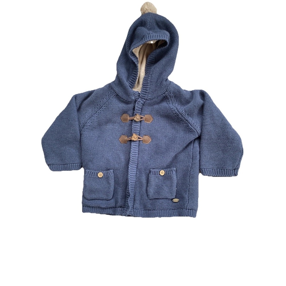 Mayoral Fleece-Lined Hooded Pom Blue Knit Duffle Sweater 12 Months Bear Toggle